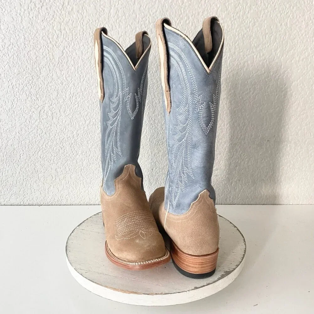 Lane Womens Square Toe Cowboy Boots 7.5 Blue Brown Suede Western Cowgirl Tall - Picture 11 of 11